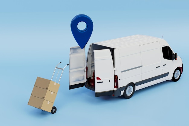 Levering van pakketten op het adres een vrachtwagen met daarnaast een kar met pakketten en een gps-punt