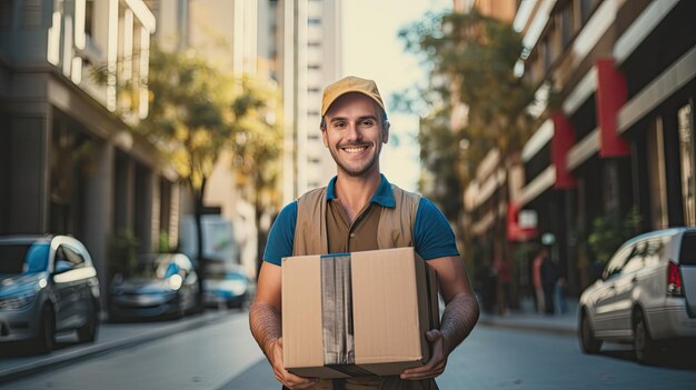 Foto leveringsdienstmedewerker koeriersboodschapper een pakketje of een doos met goederen van de marktplaats in de handen van een man