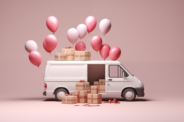 Foto leveringswagen met cadeau dozen en ballonnen op roze achtergrond 3d-rendering