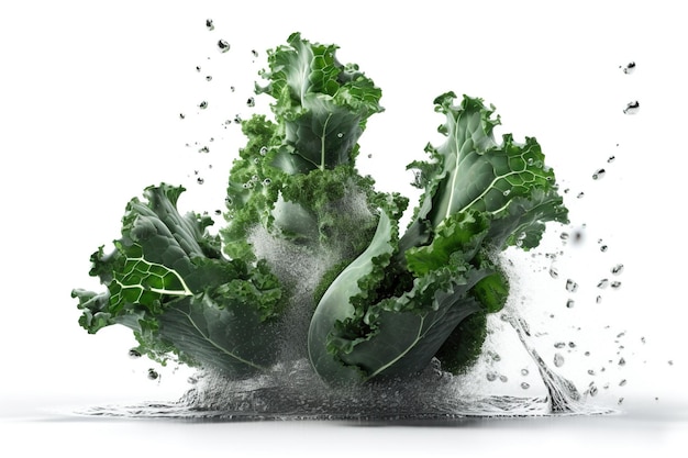 Levitatie Kale bladsalade groente met druppels waterplons