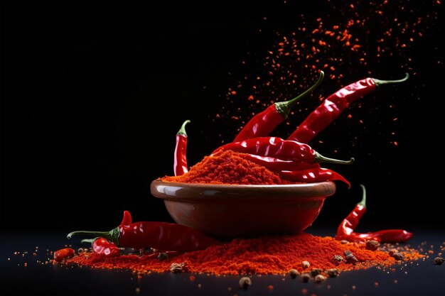 Levitatie van rode chili peper in geheel en in plakjes Generatieve AI