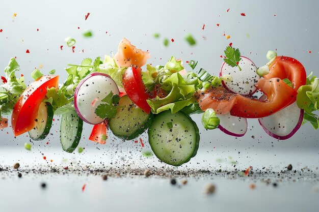 Levitatie Verse groente salade Lekker salade met vliegende stukken
