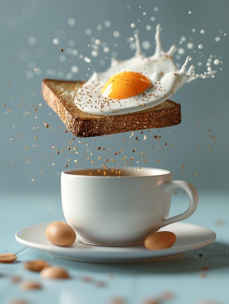 Левитующий завтрак, кофе, тост и яйца в 3D-рекламном стиле.