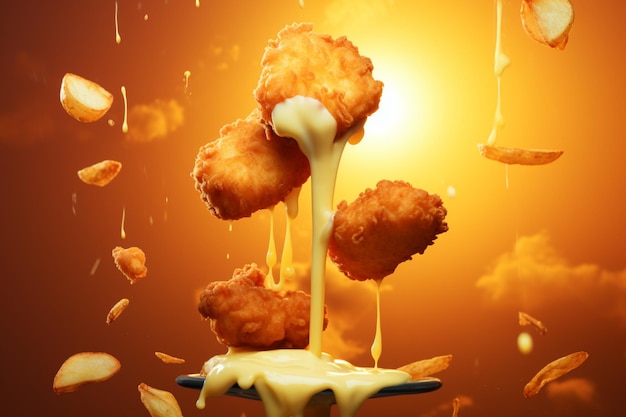 Levitating chicken nuggets adorned with cheese sauce in a whimsical airborne feast