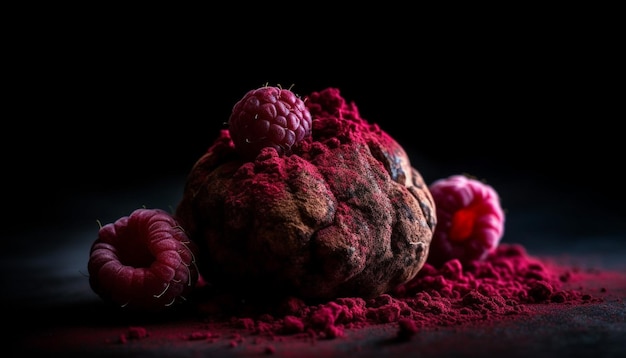 Photo levitating chocolate truffle ball a sweet organic raspberry indulgence generated by ai