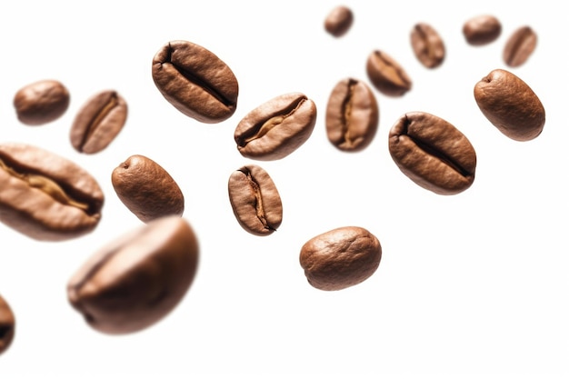 Photo levitating coffee beans on white background advertising style isolated