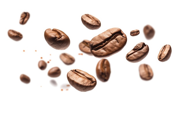 Photo levitating coffee beans on white background advertising style isolated