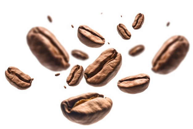 Photo levitating coffee beans on white background advertising style isolated