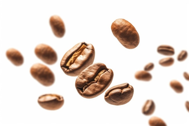 Photo levitating coffee beans on white background advertising style isolated