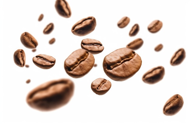 Levitating coffee beans on white background Advertising style isolated