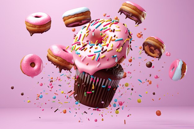 Levitating Cupcake and Donuts with Sprinkles on Pink Background