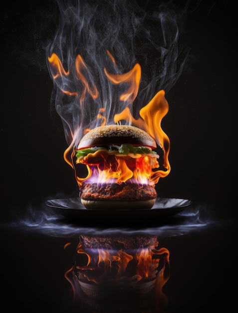 Levitating delicious burger on fire on dark background Generative AI