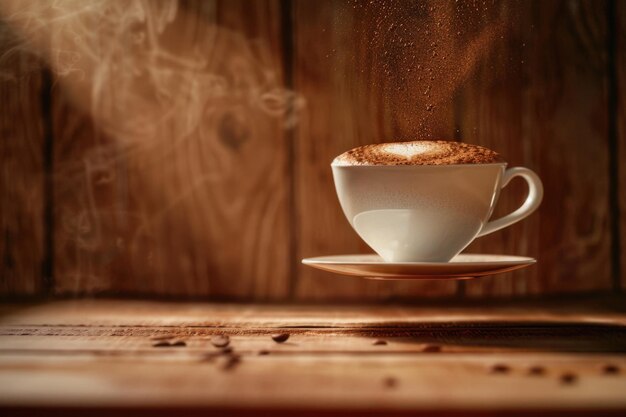 Levitating Espresso Cup on Cherry Wood Background Steam Highlighted by Backlight