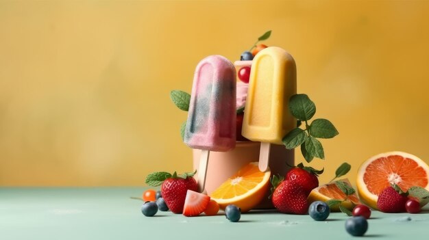 Foto illustrazione generata dall'ia di gelati levitanti con frutta e bacche