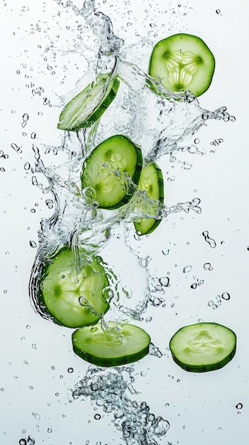 levitating juicy cucumber circles fly with splashes of water