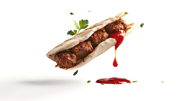 Photo levitating meatball sub sandwich dripping with sauce quick meal concept dynamic food photography with floating ingredients ai