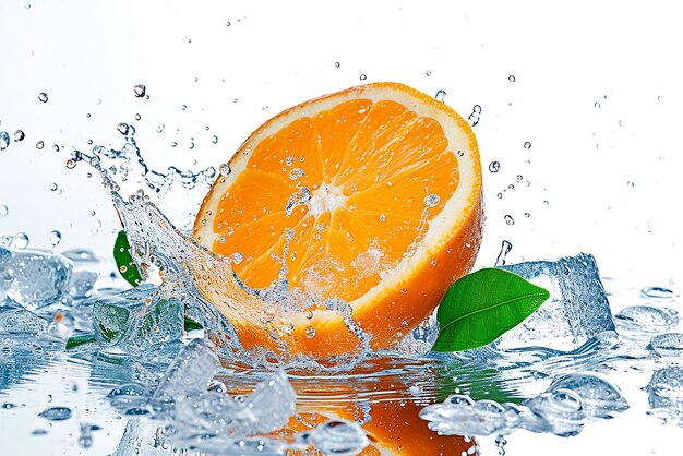 Photo levitating orange slice with leaves ice cubes and water splash on white background refreshing citrus