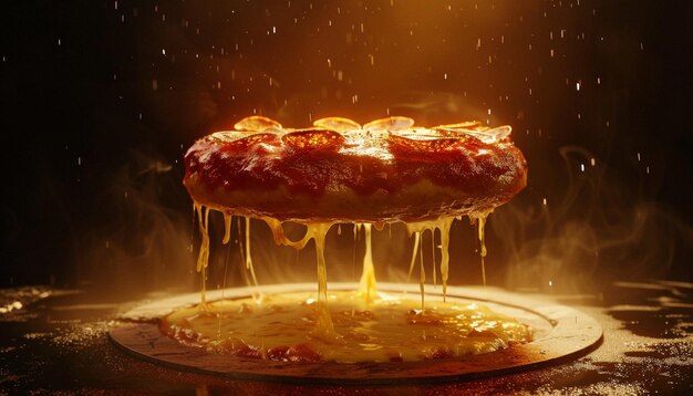 Levitating pizza with melted flowing cheese in beautiful lighting