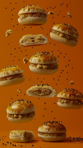 Photo levitating sesame seed bagels with crumbs falling on vibrant orange background dynamic food