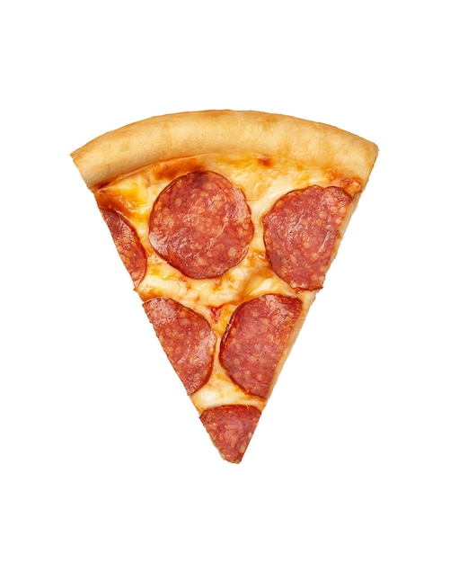 Foto fetta levitante di pizza ai peperoni su uno sfondo bianco isolato