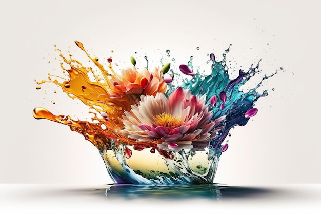 Foto levitazione di bouquet di fiori colorati primaverili o estivi con spruzzi d'acqua liquida