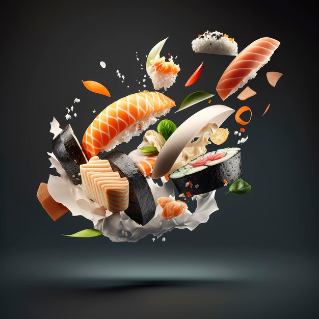 Levitating Sushi Delight gecreëerd met generatieve AI-technologie