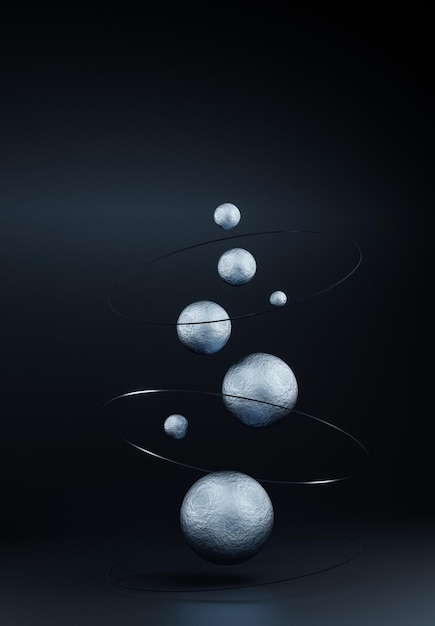 Levitating textured spheres against dark background 3d render