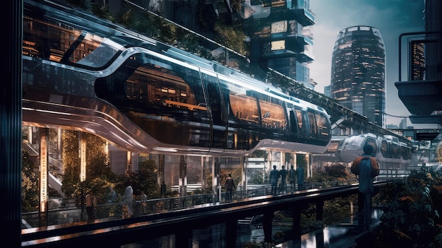 Levitating trains and towering glass towers photo realistic