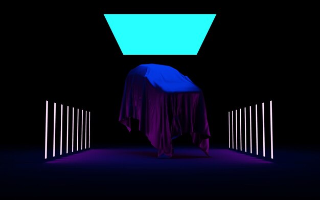 Levitation Auto Covered by Silk Cloth on Stage Interior with Spotlights