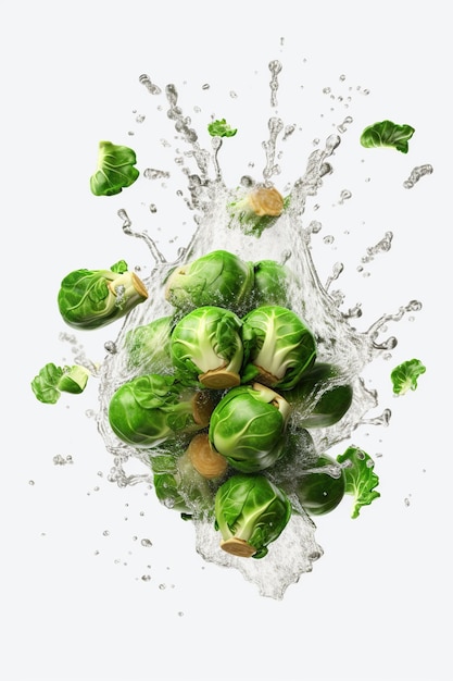 Levitation brussels sprouts with drops of water splash