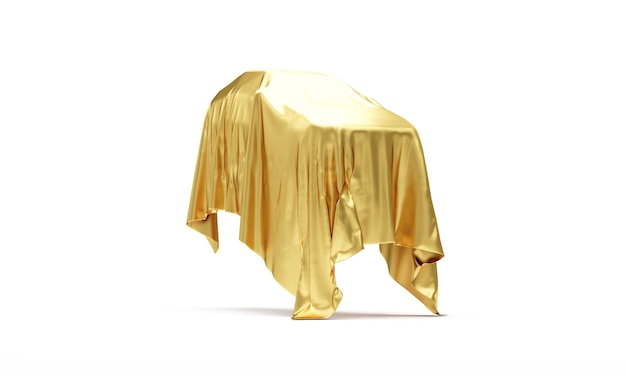 Levitation Car Covered by Golden Fabric Cloth on white background