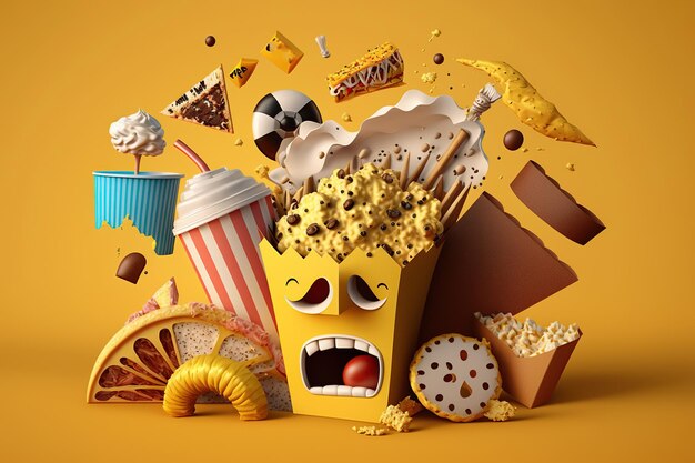 Photo levitation cartoon smiling crazy unhealthy and junk food splash