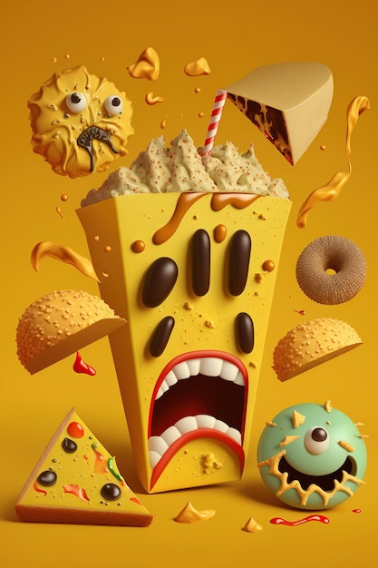 Levitation cartoon smiling crazy unhealthy and junk food splash