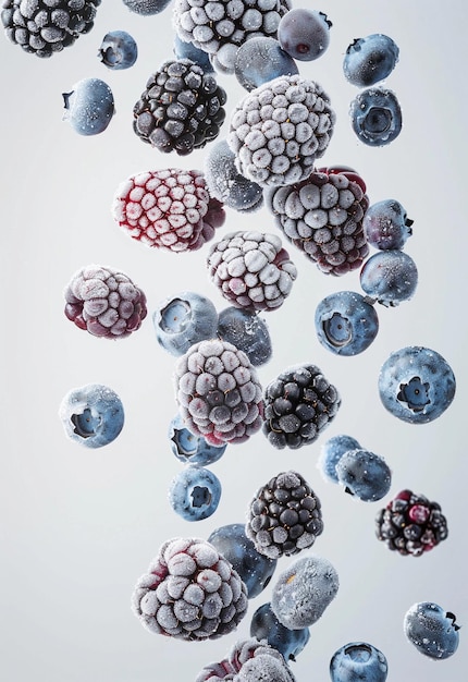 Photo levitation frozen blueberries and blackberries light background copy space