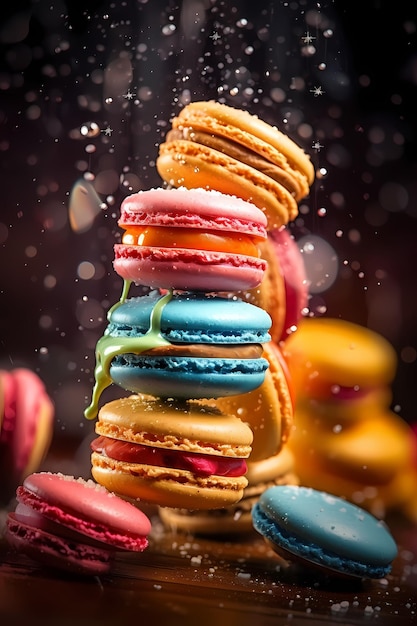 Levitation of macaroons creative food concept bold vibrant pink mint green mint blue and magenta