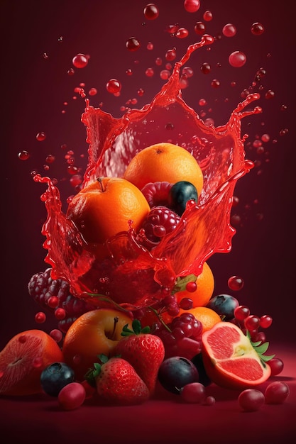 Levitation mix sweet fruits and berries with drops of juice water splash