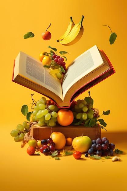 Левитация открытой книги рецептов со свежими овощами и фруктами