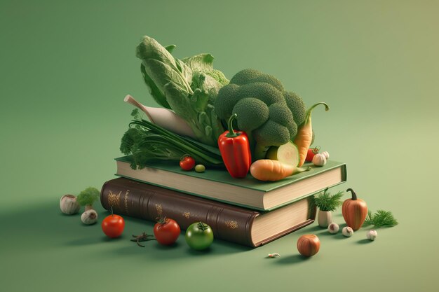 Levitation of open recipe book with fresh vegetables and fruits