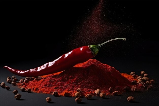 Levitation of red chili pepper whole and slices Generative AI