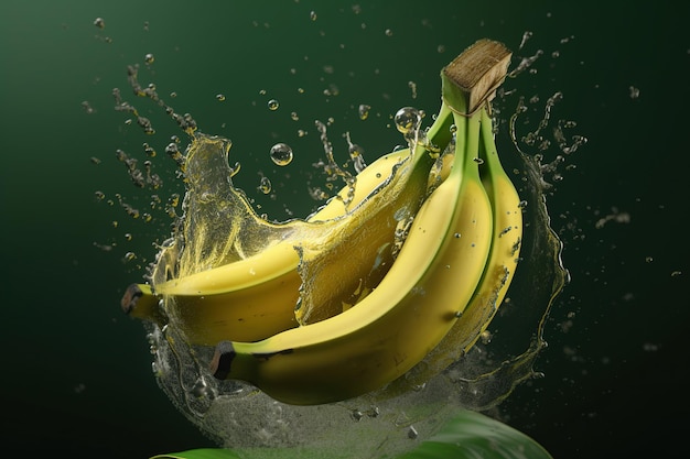 Banane mature di levitazione con gocce di spruzzi d'acqua di succo