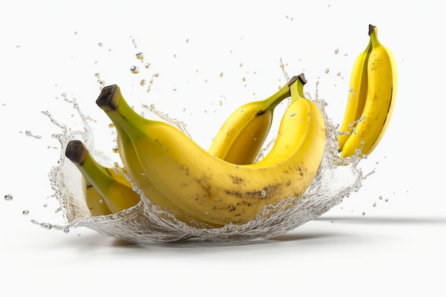 Banane mature di levitazione con gocce di spruzzi d'acqua di succo