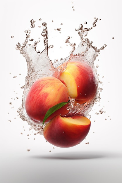 Levitation ripe peaches with drops of juice water splash