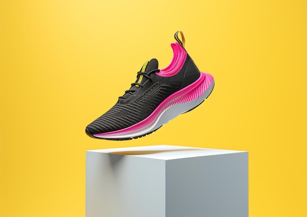Photo levitation running shoes black pink color on white podium stage display with yellow background