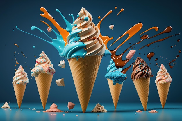 Levitation six ice creams cones on blue background