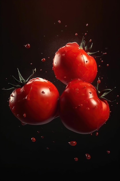 Levitation tomatoes with splash of juice isolated on red background