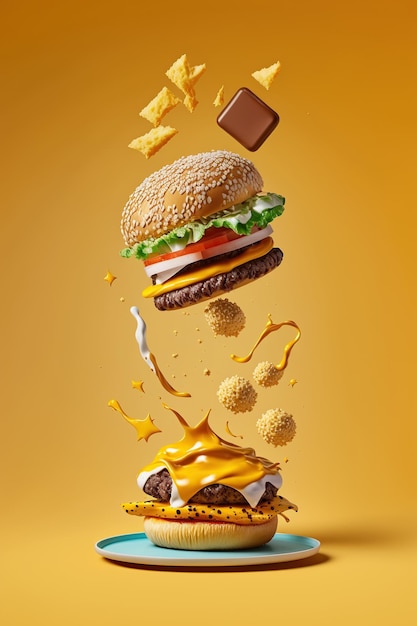 Levitation unhealthy and junk food splash Assortment of take out and fast foods
