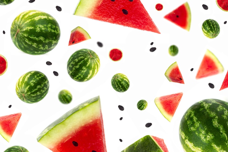 Photo levitation of watermelon ripe pieces of watermelon in white backgroundfruits in the air flying red f...