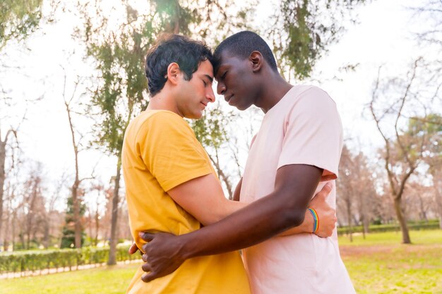 Lgbt concept couple of multiethnic men in a park in a romantic pose