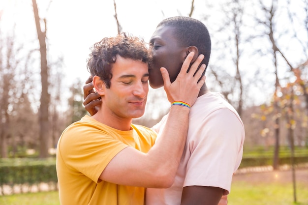 Lgbt-concept paar multi-etnische mannen in een park kussen op het voorhoofd in een zonsondergang