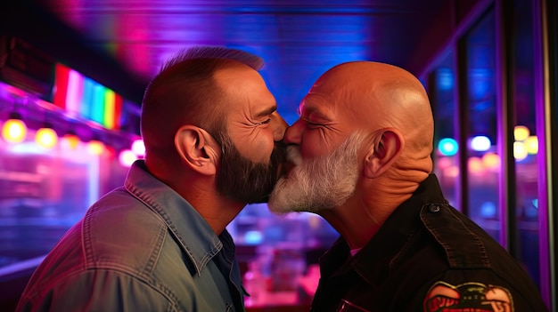 LGBT コンセプト デートで情熱を持ってキスするシニアのひげを生やした男性カップル